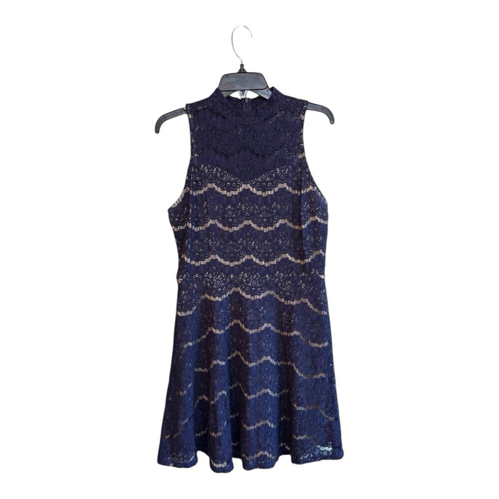 Love Fire Navy Dress Faux Cutout Sleeveless Lace Rayon/Cotton Blend Sz L Sheer